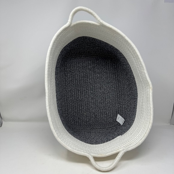 Goodpick Woven Cotton Rope Basket Two Tone Gray White Oval Storage Bin Handle - Picture 3 of 7